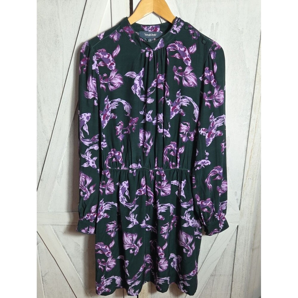 Modcloth Green And Purple Koi Dress Size L